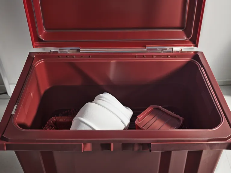 Contenedor rojo de residuos biológico-infecciosos en cabina de micropigmentación