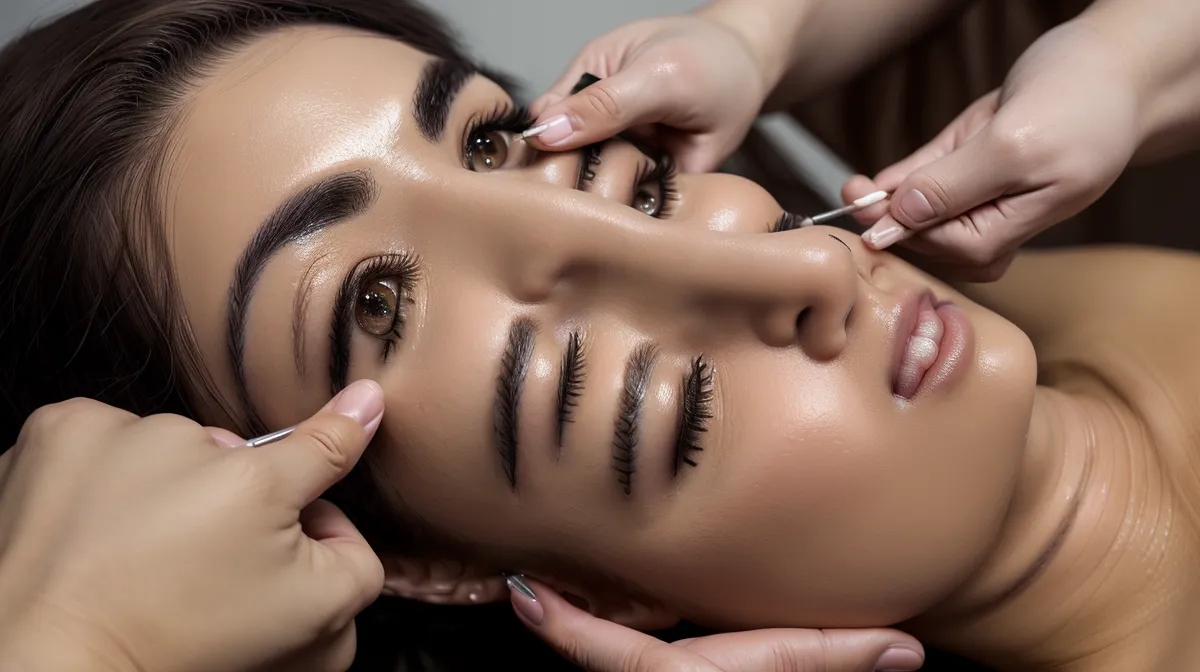 Comparación entre microblading y micropigmentación efecto polvo en cejas, primer plano del degradado de pigmento sobre la piel